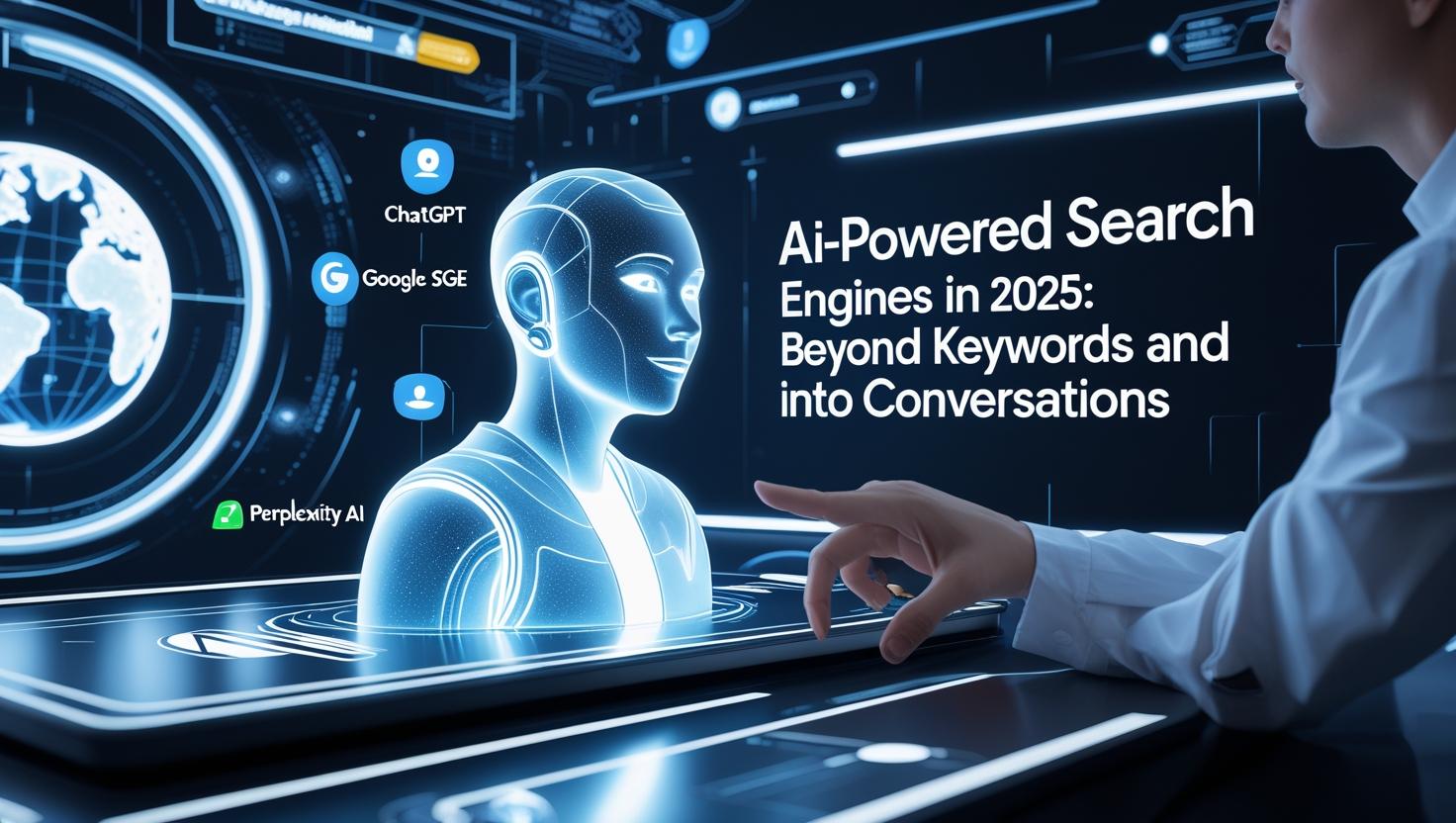 A futuristic interface showing a human interacting with an AI-powered assistant, highlighting HERE AND NOW AI’s focus on conversational search engines in 2025.