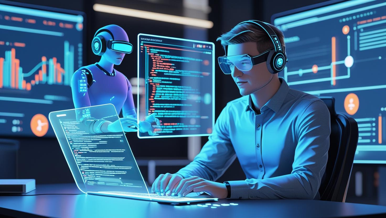 AI assistant helping a software developer write code in a futuristic tech workspace with holographic screens