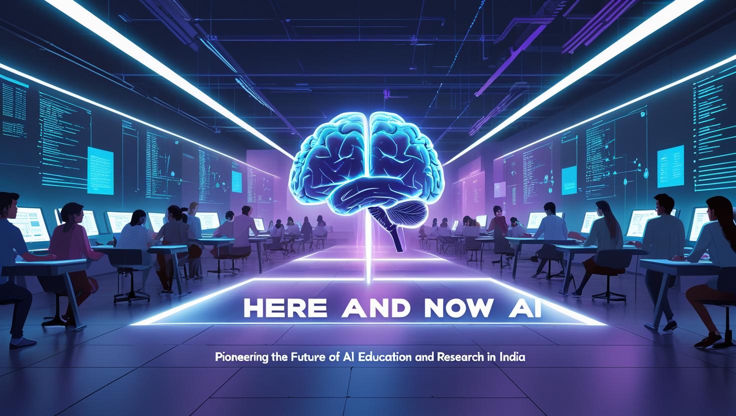 Futuristic AI classroom with students learning in a high-tech environment, featuring a glowing digital brain at the center, symbolizing HERE AND NOW AI’s vision for education and research in India.