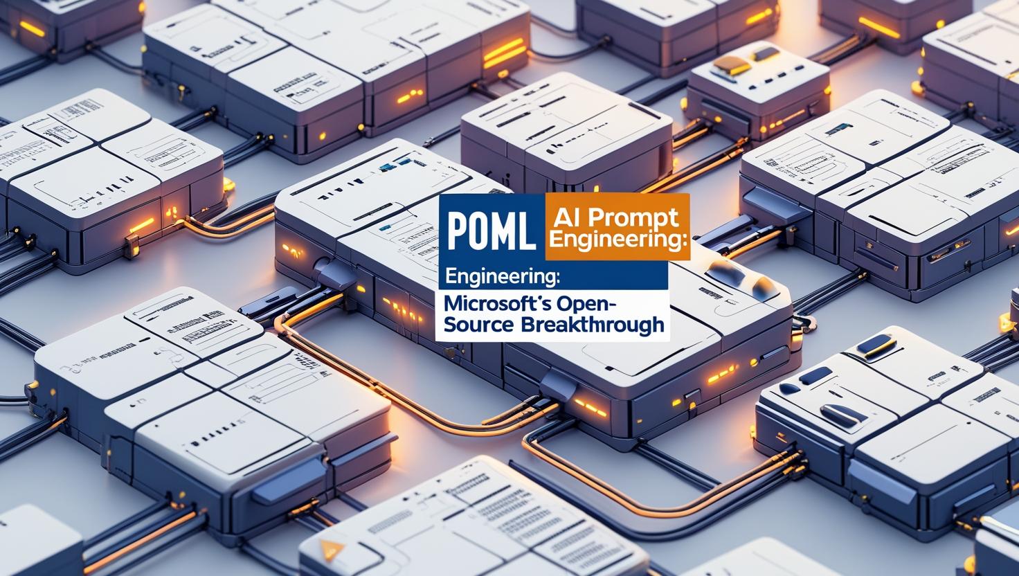 Futuristic AI data modules interconnected, symbolizing Microsoft’s POML for structured prompt engineering.