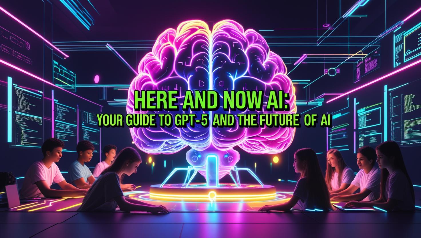 Students learning AI with GPT-5 at HERE AND NOW AI, futuristic neon digital classroom with glowing AI brain core