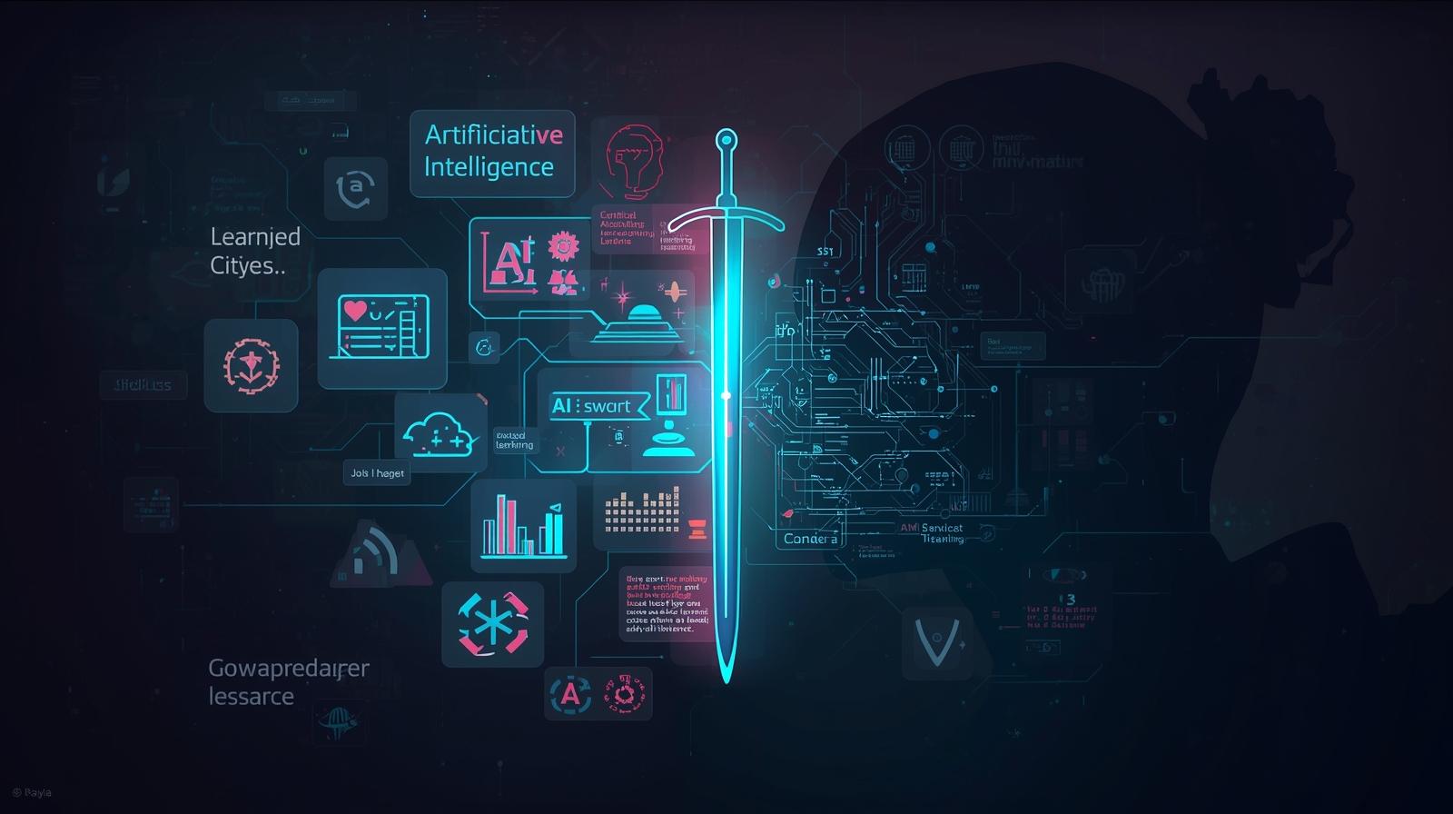 Futuristic digital illustration of Artificial Intelligence as a double-edged sword, highlighting opportunities and risks with HERE AND NOW AI.