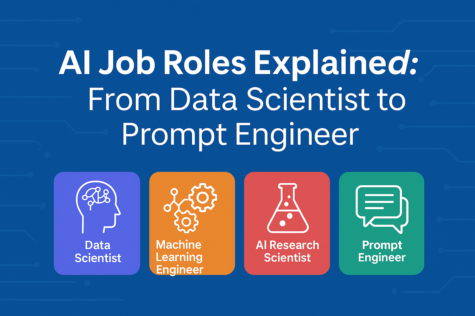 Infographic showing AI job roles including Data Scientist, Machine Learning Engineer, AI Research Scientist, and Prompt Engineer.