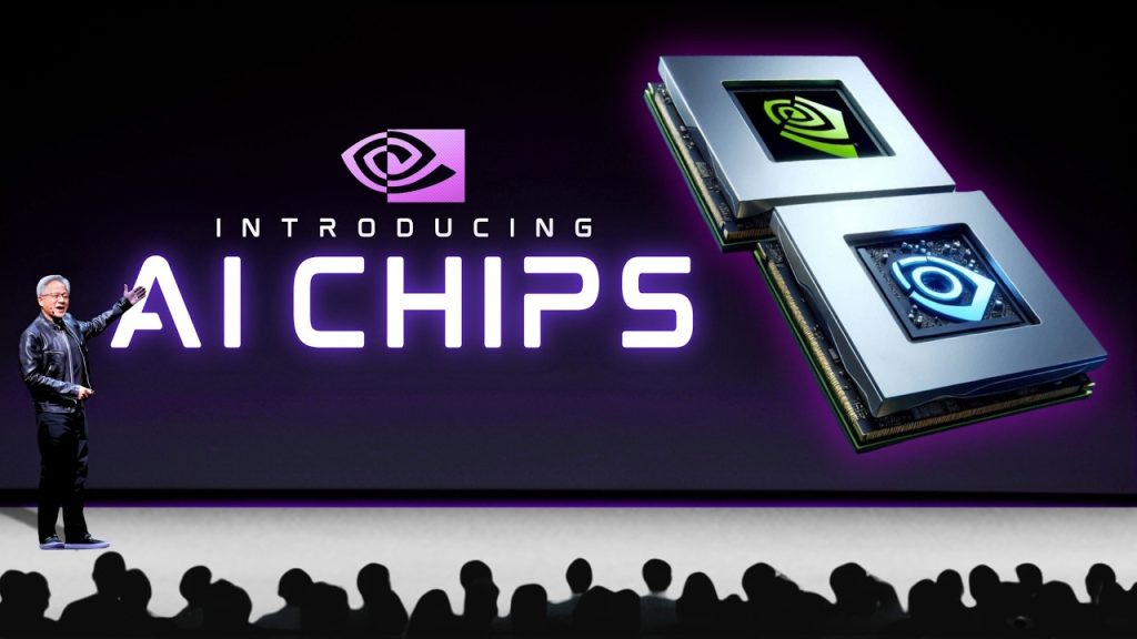 Nvidia CEO introducing next-gen AI chips on stage with Rubin GPU visuals — future of AI hardware.