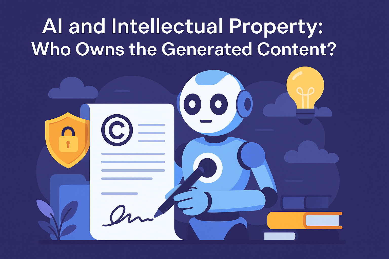 Illustration of a robot signing a copyright document, symbolizing AI and intellectual property rights