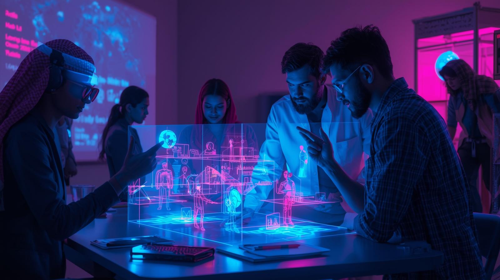 Students exploring interactive holographic AI environments with HERE AND NOW AI for education and innovation.