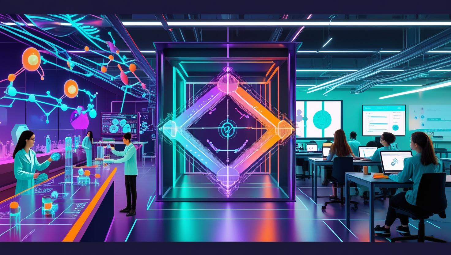 Students and researchers exploring Agentic AI in a futuristic lab and classroom setting at HERE AND NOW AI.