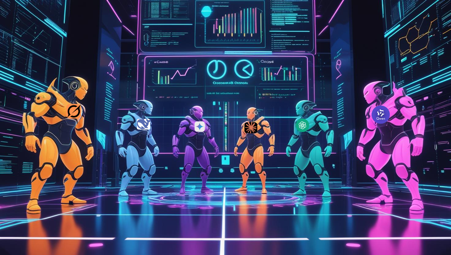 Futuristic robots representing Grok, DeepSeek, OpenAI, Claude, Qwen, and Gemini in an AI model showdown, illustrated by HERE AND NOW AI.