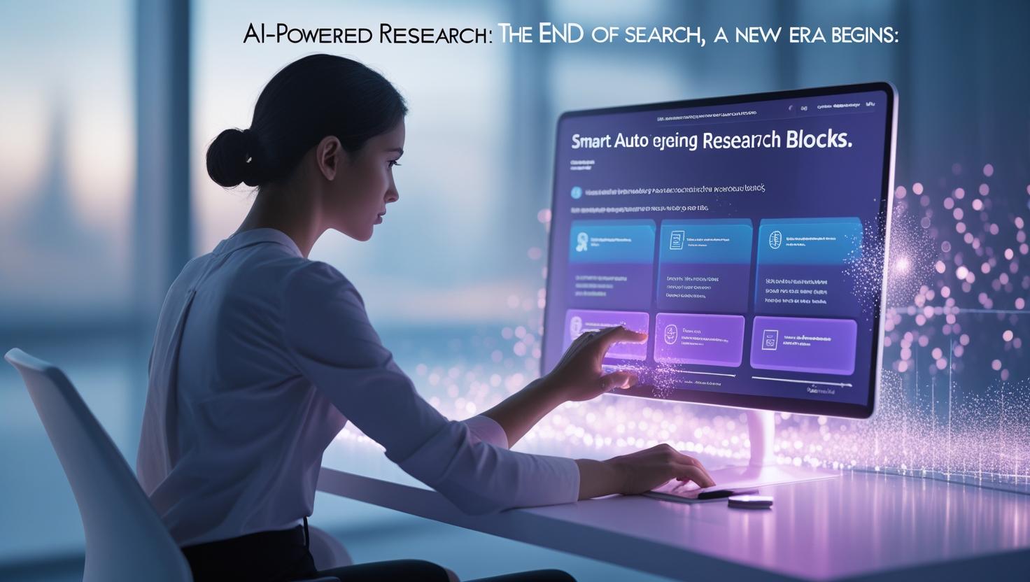 Woman using AI-powered research tool on desktop with glowing interface – Smart Auto-Generating Research Blocks, HERE AND NOW AI blog feature.