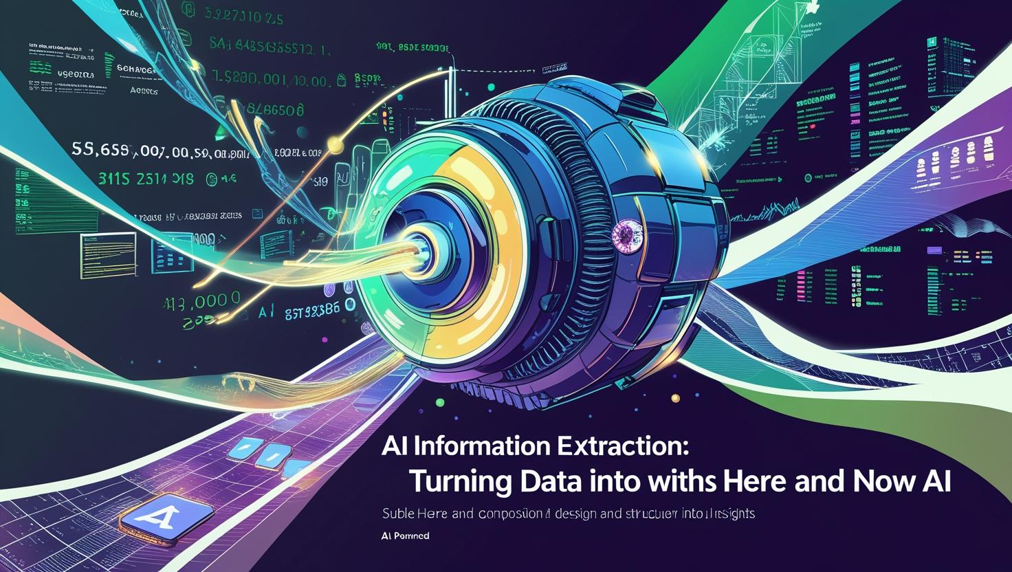 Futuristic AI data extraction concept with a digital core processing streams of data into structured insights