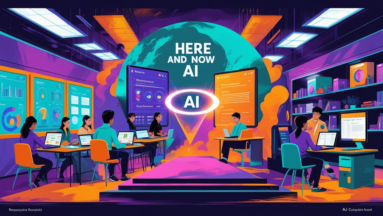 Students learning artificial intelligence with laptops in a futuristic digital classroom at HERE AND NOW AI.