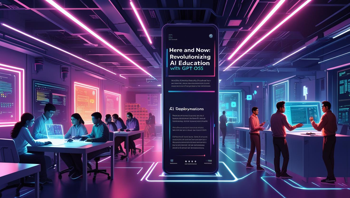 Students learning AI with GPT-OSS at HERE AND NOW AI, showcasing futuristic classrooms and hands-on AI education.