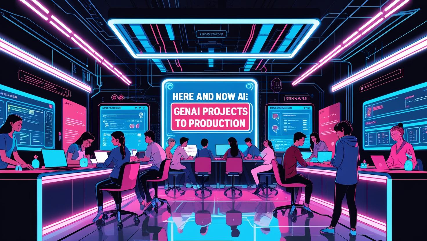 Students and professionals collaborating in a futuristic AI lab with neon lights, working on GenAI projects to production with HERE AND NOW AI.