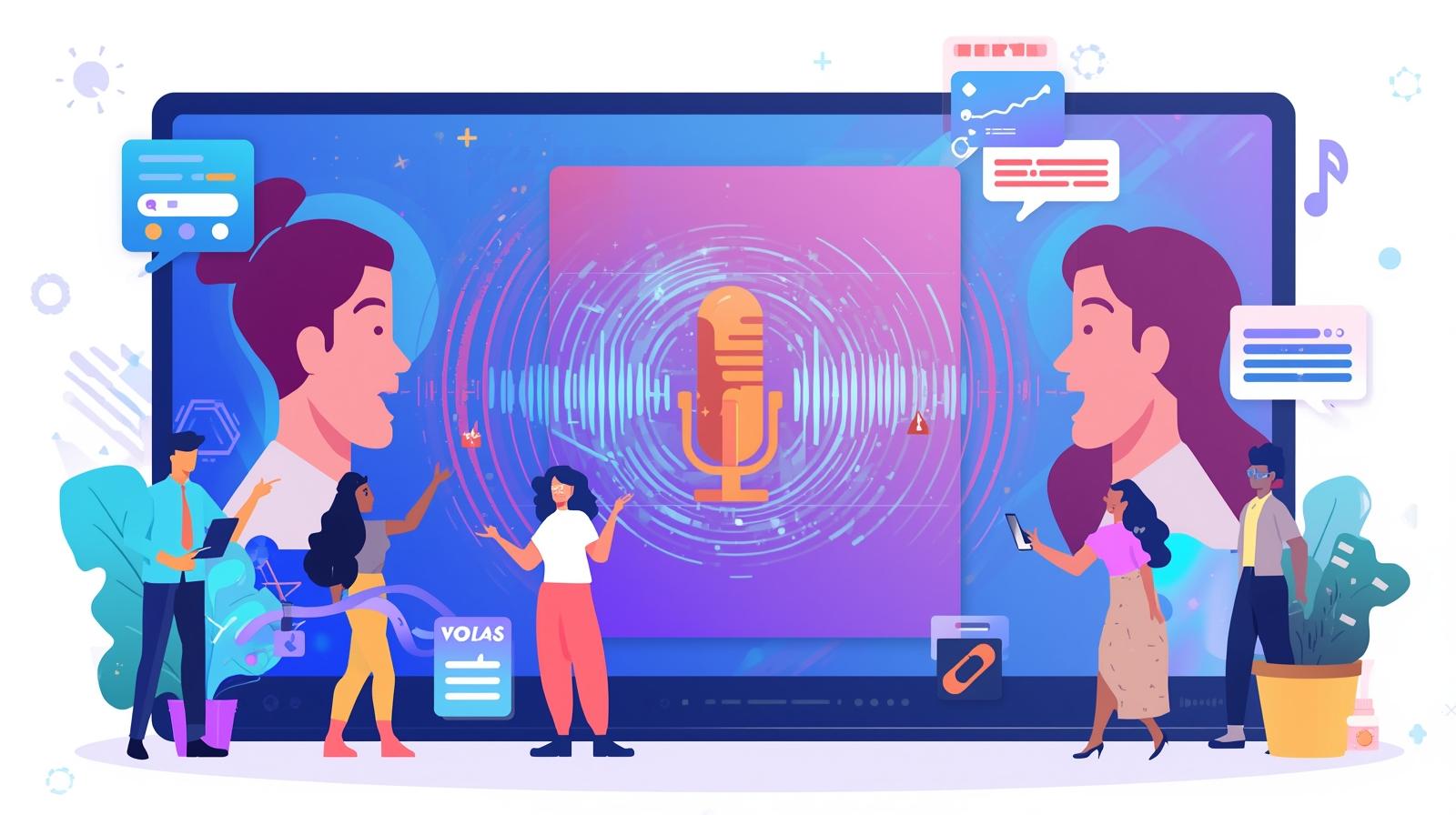 Illustration of AI-powered voice recognition and communication, showcasing speech-to-text and interaction tools with HERE AND NOW AI.