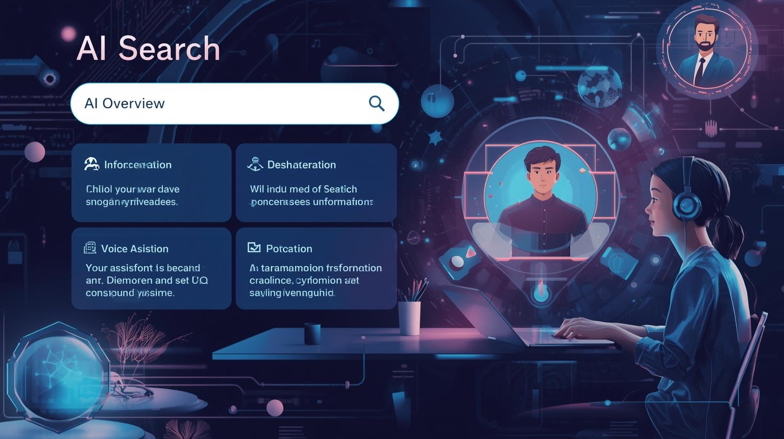 AI-powered search interface showing voice assistants, AI overviews, and agentic search concepts, designed by HERE AND NOW AI.