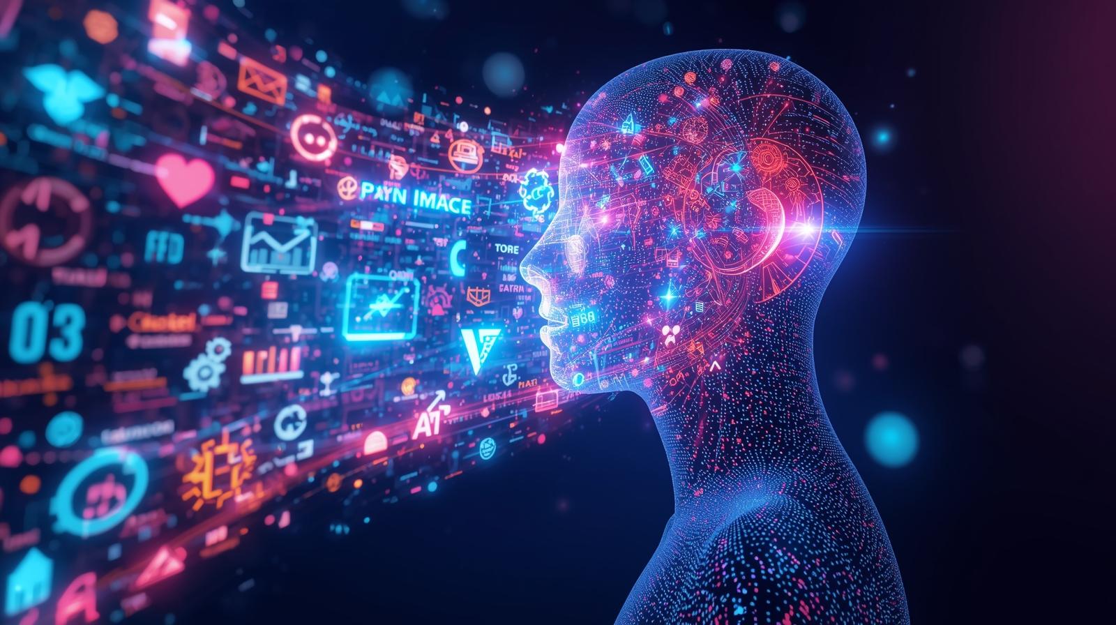 Digital human head visualizing AI data flow and analytics – futuristic artificial intelligence concept by HERE AND NOW AI